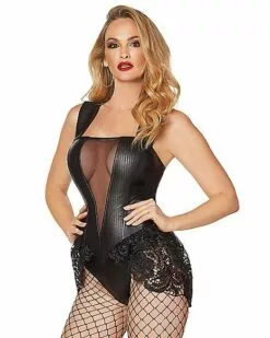 Adult Black Faux Leather And Lace Bodysuit